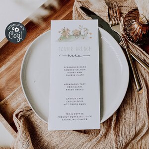 Modello di menu per il brunch di Pasqua, biglietti da visita stampabili con coniglietti floreali per il menu di Pasqua, menu modificabile per il brunch primaverile con coniglietto carino, download immediato, #EFB