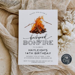 May include: A printable invitation for a backyard bonfire birthday party. The invitation features a watercolor illustration of a campfire with marshmallows on sticks. The text reads "Backyard Bonfire to Celebrate Hayleigh's 14th Birthday".