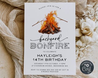 Convite minimalista para fogueira no quintal, convite de aniversário com tema de fogueira e s'mores para imprimir, convite editável para festa de churrasco, download digital.