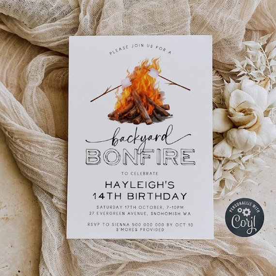 Minimalist Backyard Bonfire Invitation Template, Printable S'mores Campfire Birthday Invite, Editable BBQ Party Invite, Digital Download