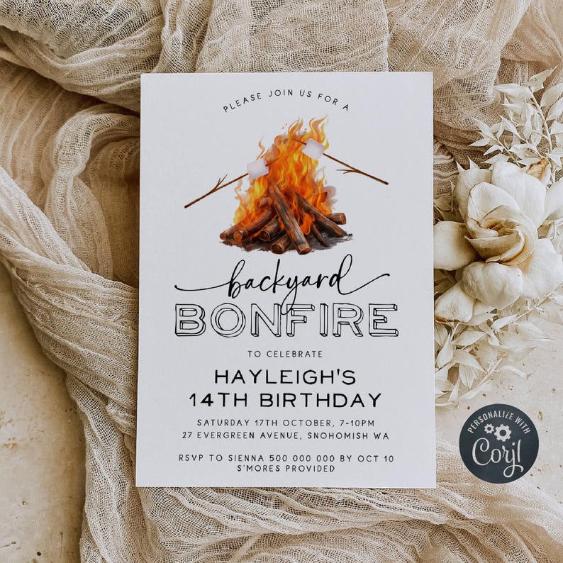 May include: A printable invitation for a backyard bonfire birthday party. The invitation features a watercolor illustration of a campfire with marshmallows on sticks. The text reads "Backyard Bonfire to Celebrate Hayleigh's 14th Birthday".
