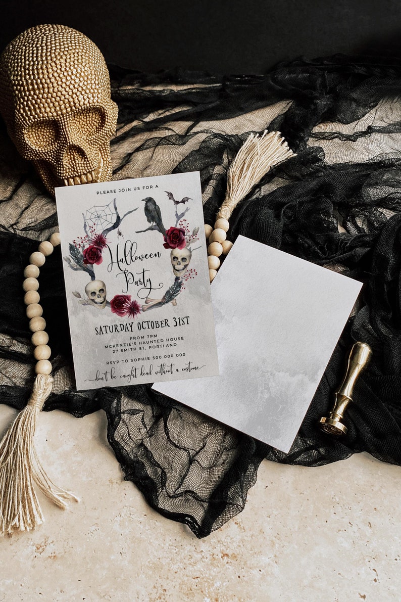 May include: A Halloween party invitation with a watercolor illustration of skulls, roses, and a raven on a branch. The text reads "Please join us for a Halloween Party, Saturday October 31st, from 7pm, McKenzie's Haunted House, 27 Smith St, Portland, RSVP to Sophie 500 000 000, don't be caught dead without a costume."
