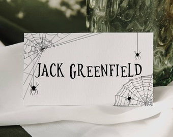 Halloween Spiderwebs Place Card Template, Printable Halloween Name Card, Editable Halloween Food Buffet Tent Card, Instant Download, #HW