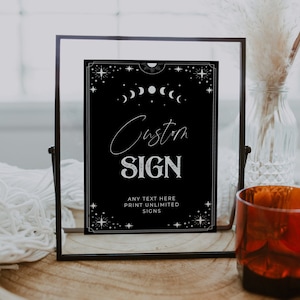 Plantilla de letrero personalizado para boda con cartas del tarot, letrero de mesa gótico para Halloween imprimible, decoración de boda con fases lunares editables, descarga instantánea, n.° H9