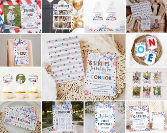 Puede incluir: Un conjunto de plantillas imprimibles para el 4 de julio. Los diseños presentan estrellas, rayas y temas patrióticos en rojo, blanco y azul. Incluye invitaciones, tarjetas de agradecimiento, adornos para cupcakes y letreros.