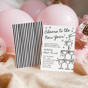 New Year's Eve Champagne Tower Invitation Template, Printable Cheers To The New Year Invite, Editable Whimsical Invite, Digital Download image 5