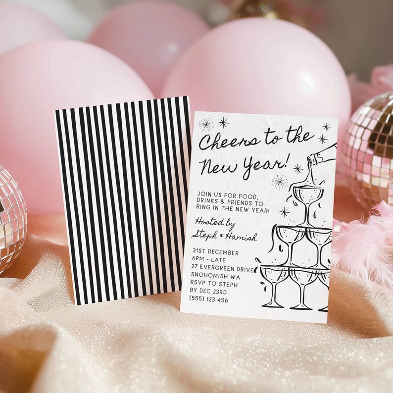 New Year's Eve Champagne Tower Invitation Template, Printable Cheers To The New Year Invite, Editable Whimsical Invite, Digital Download image 5
