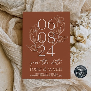 Terracotta Floral Save The Date Template, Printable Boho Desert Wedding Save Our Date, Editable Rust Flowers Invite, Instant Download, #TCW