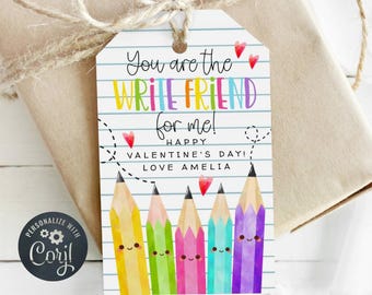 You Are The Write Friend For Me Valentine's Day Gift Tag Template, Printable Pencils Favor Tag, Editable Valentine Pen Tag, Digital Download