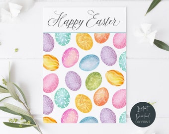 May include: Printable card with the text "Happy Easter" in a cursive font. The background is a white pattern of colorful Easter eggs with intricate designs.