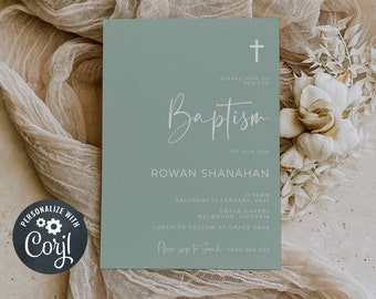 Sage Green Modern Baptism Invitation Template, Printable Green Christening Invite, Editable Gender Neutral Baptism, Instant Download, #SGB