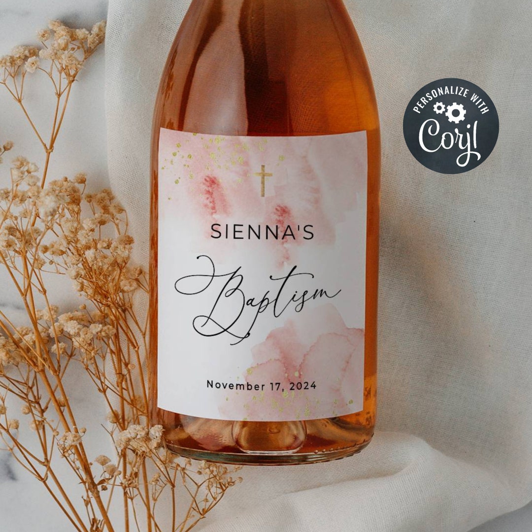 Blush Pink & Gold Baptism Wine Bottle Label Template, Printable Watercolor Christening Wine
