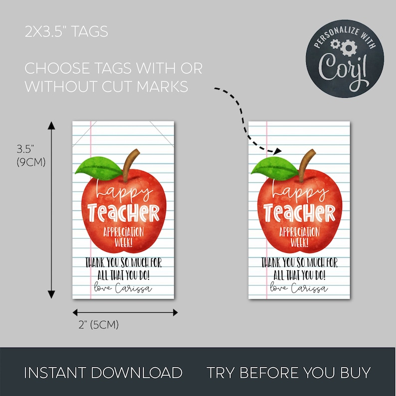 May include: Two 2 x 3.5 inch printable gift tags featuring a red apple with a green leaf and the text "Happy Teacher Appreciation Week!"  The tags have a white background with blue lines to resemble notebook paper. The text "Thank you so much for all that you do! Love Carissa" is printed below the apple.