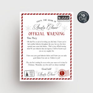 Plantilla de carta de advertencia editable de Papá Noel, carta de advertencia oficial de elfo del Polo Norte imprimible, carta de mala conducta, descarga instantánea