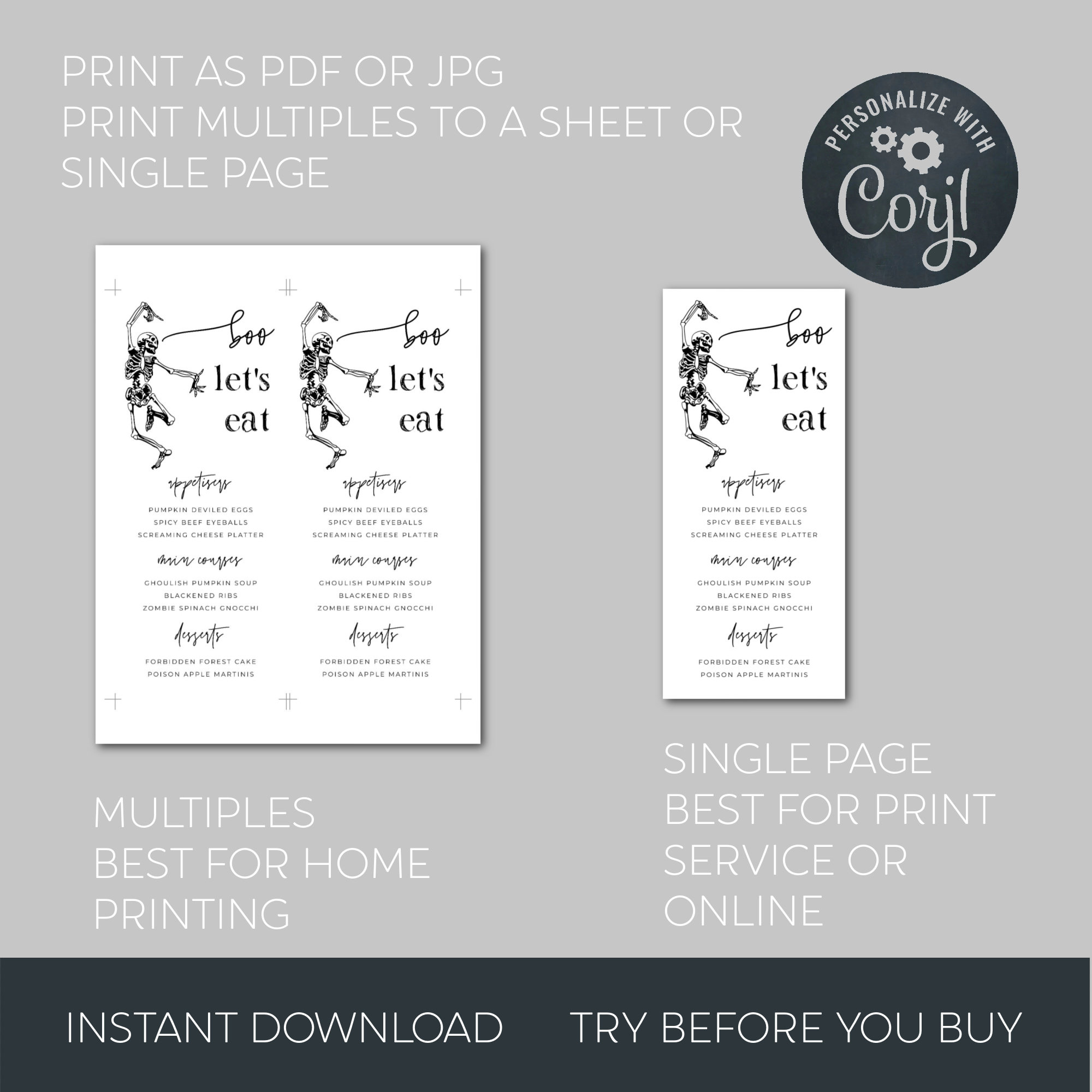 Halloween Dancing Skeleton Menu Template, Printable Spooky Dinner Party ...
