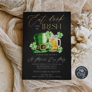 Eat Drink & Be Irish Invitation Template, Printable St. Patricks' Day Party Invite, Editable Shamrock Beer Adult Invite, Instant Download