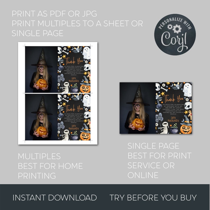 Halloween Birthday Photo Thank You Card Template, Printable Kids Spooky ...