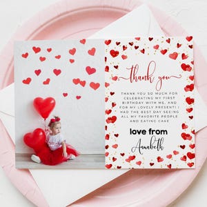 Modello modificabile per biglietto di ringraziamento per il compleanno di Little Sweetheart Valentine, modello stampabile per la festa di compleanno con cuori, download immediato, #V1