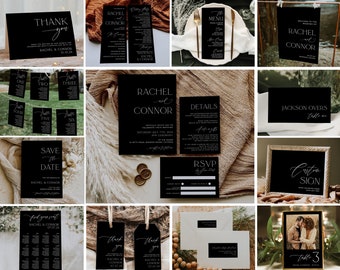 May include: A black and white wedding invitation suite featuring a modern calligraphy font. The suite includes a save the date card, invitation, details card, RSVP card, and thank you card. All cards are editable and can be personalised to match your wedding theme.