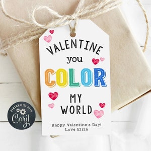 Rainbow Valentine's Day Gift Tag Template, Printable You Color My World Valentine Tags, Editable Crayons Kids Valentine, Instant Download