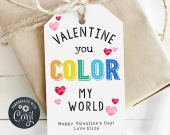 Rainbow Valentine&#39;s Day Gift Tag Template, Printable You Color My World Valentine Tags, Editable Crayons Kids Valentine, Instant Download