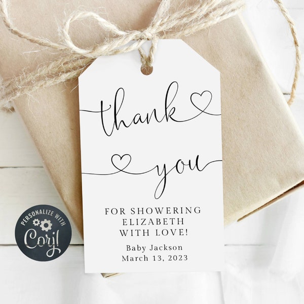 Modern Hearts Baby Shower Favor Tag Template, Printable Minimalist Thank You Gift Tags, Editable Gender Neutral Tags, Instant Download, #HF