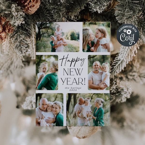 Modèle de carte photo de bonne année, carte de Noël de vacances imprimable, carte de vœux minimaliste moderne modifiable du Nouvel An, téléchargement instantané