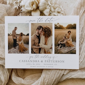 Plantilla moderna para guardar la fecha con fotos, plantilla imprimible minimalista de estilo bohemio para guardar la fecha, anuncio de boda editable con tres imágenes, descarga instantánea
