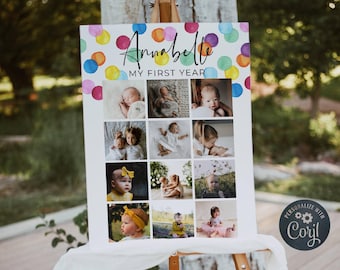Modelo de colagem de fotos do primeiro ano com estampa de bolinhas coloridas, pôster imprimível "Meu Primeiro Ano", painel de fotos editável para o primeiro aniversário, download digital, #RSB
