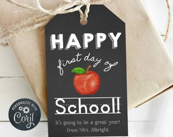 Happy First Day Of School Gift Tag Template, Printable Chalkboard Apple Back To School Favors, Editable Teacher Class Tag, Instant Download