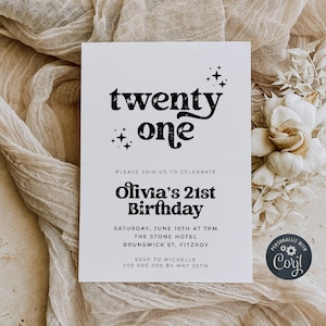 Modèle d'invitation de fête d'anniversaire minimaliste rétro 21, imprimable simple moderne vingt et un invitation, modifiable à tout âge inviter, téléchargement immédiat