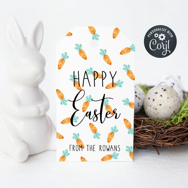 Happy Easter Gift Tag Template, Printable Carrots Easter Basket Favor Tag, Editable Minimalist Easter Bunny Bait Gift Tag, Instant Download
