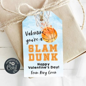 Valentine&#39;s Day Basketball Gift Tag Template, Printable You&#39;re A Slam Dunk Favor Tag, Editable School Classroom Valentine, Instant Download