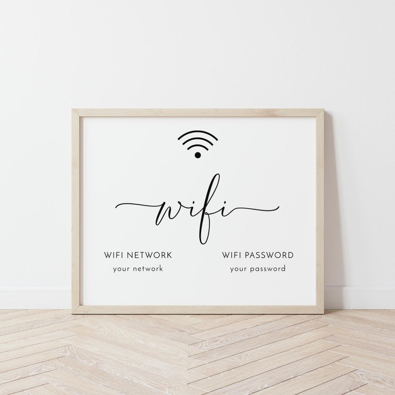 May include: A framed white sign with the word "wifi" in a cursive font, a wifi symbol, and prompts for "WIFI NETWORK" and "WIFI PASSWORD". The frame is a light wood color.