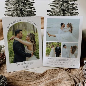 Plantilla de tarjeta navideña con foto de Married & Bright Arch, tarjeta navideña moderna bohemia imprimible, tarjeta navideña editable para bodas, descarga instantánea