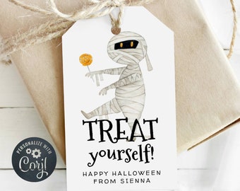 Editable Halloween Favor Tag Template, Printable Treat Yourself Gift Tags, Mummy Gift Tags, Halloween Birthday Party Tag, Instant Download