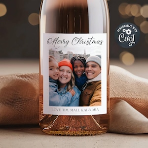 Photo Christmas Wine Bottle Label Template, Printable Modern Picture Wine Sticker, Editable Holiday Family Photo Wine Gift, Instant Download