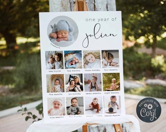Printable One Year Of Photo Poster Template, Modern 1st Birthday Picture Collage, Editable Minimal My First Year Board, Digital Download #B5