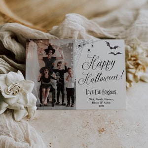 Minimalist Halloween Photo Card Template, Printable Spooky Holiday Card, Editable Spiders Family Halloween Greeting Card, Digital Download image 2