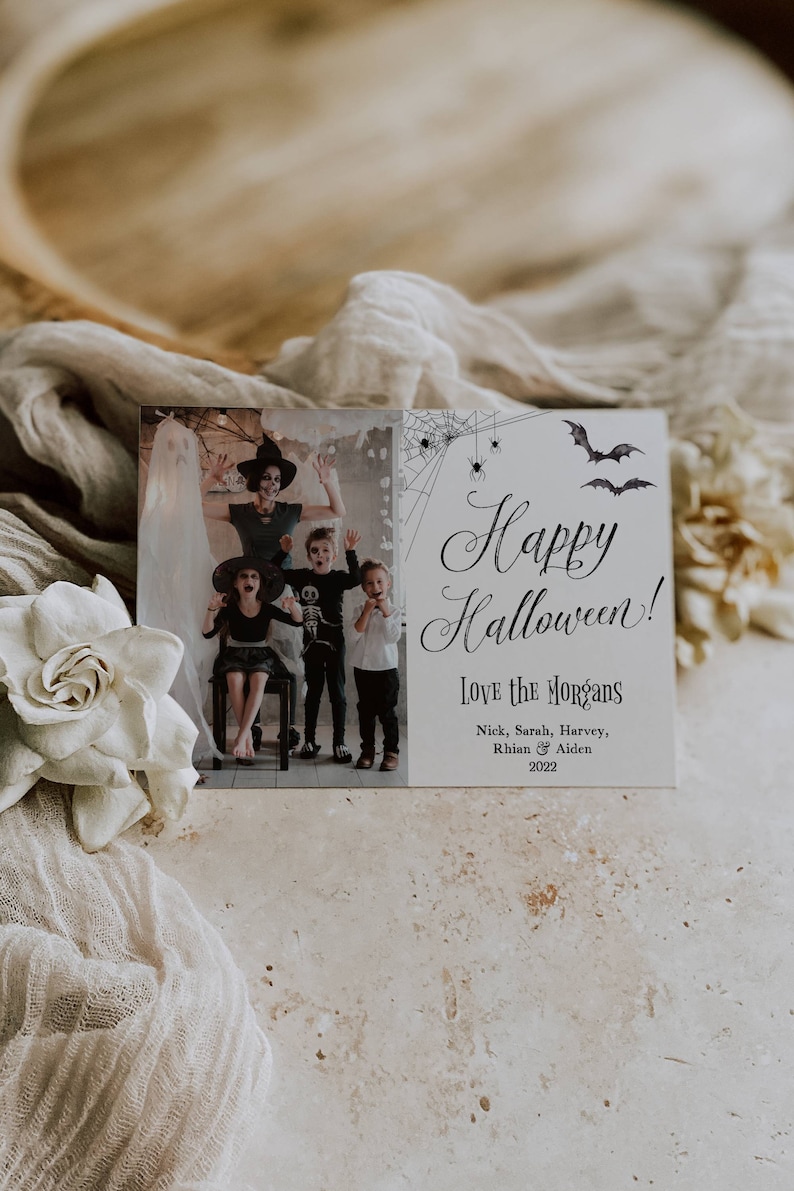 Minimalist Halloween Photo Card Template, Printable Spooky Holiday Card, Editable Spiders Family Halloween Greeting Card, Digital Download image 2