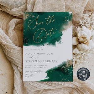 Emerald Watercolor Save The Date Template, Printable Hunter Green & Gold Wedding Invite, Editable Save Our Date, Instant Download, #WC4