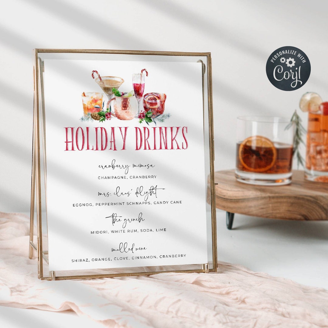 Christmas Cocktails Bar Menu Template, Printable Holiday Drinks Sign