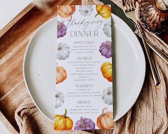 Thanksgiving Dinner Menu Template, Printable Pumpkins Friendsgiving Menu, Editable Elegant Fall Menu, Digital Download, #T3