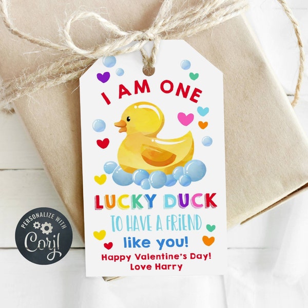 Lucky Duck Valentine's Day Gift Tag Template, Printable Rubber Duck Valentine Tags, Editable Ducky Preschool Kids Tags, Instant Download