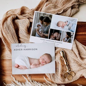 May include: Two rectangular birth announcement cards featuring photographs of a newborn baby. One card displays the text "introducing ASHER HARRISON" and the other "ASHER HARRISON MCKENZIE" with birth details. A gold wax seal stamp rests nearby.