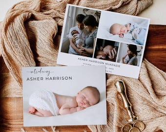 May include: Two rectangular birth announcement cards featuring photographs of a newborn baby. One card displays the text "introducing ASHER HARRISON" and the other "ASHER HARRISON MCKENZIE" with birth details. A gold wax seal stamp rests nearby.
