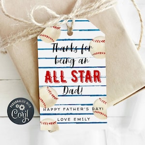 Sjabloon Vaderdagcadeaulabel, afdrukbare honkbal All Star Dad Favor Tag, bewerkbare gepersonaliseerde sporttag voor vader, instant download