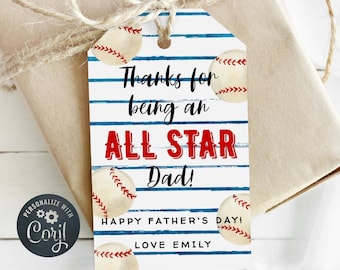 Father's Day Gift Tag Template, Printable Baseball All Star Dad Favor Tag, Personalized Editable Sports Tag for Dad, Instant Download