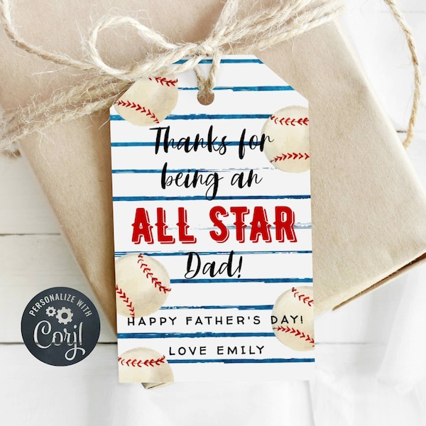 Father's Day Gift Tag Template, Printable Baseball All Star Dad Favor Tag, Personalized Editable Sports Tag for Dad, Instant Download