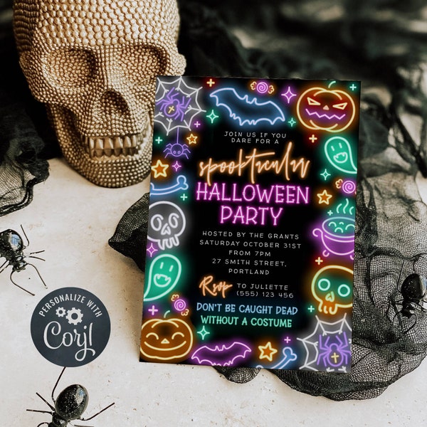 Neon Spooktacular Halloween Party Invitation Template, Printable Modern Spooky Invite, Editable Fun Halloween Birthday, Instant Download #HN